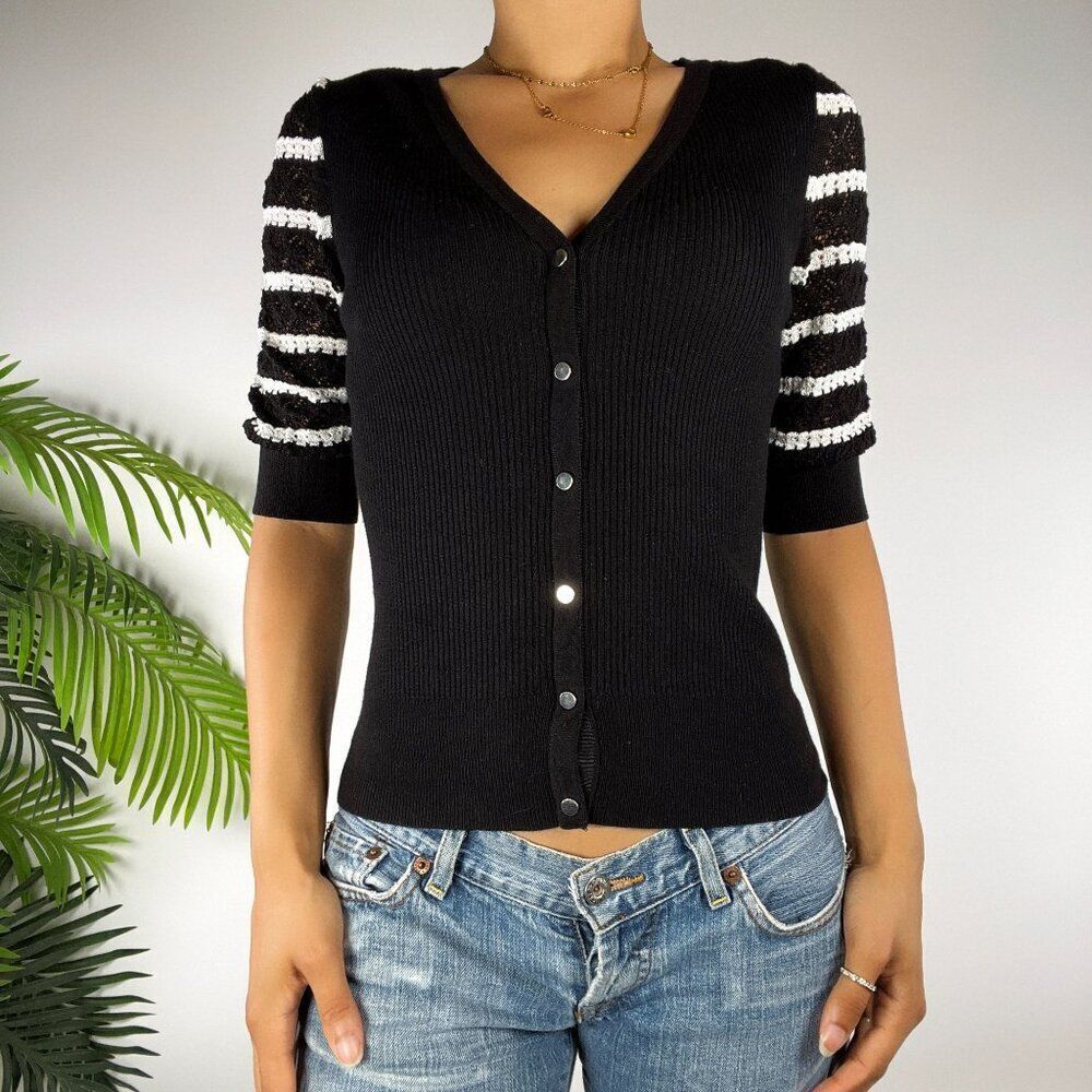 WHBM Womens Black Striped Classy Ribbed Crochet Knit Cardigan Sweater / XS